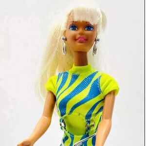 MATTEL BARBIE Doll Blond Hair Blue Eyes Green Bodysuit Dress Earrings 12" Tall